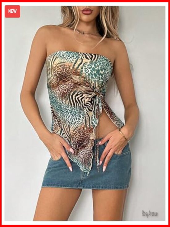 Cheetah Print Tube Top Strapless Bandeau Crop Top Mesh Sheer Rave Clubwear - Picture 2 of 6